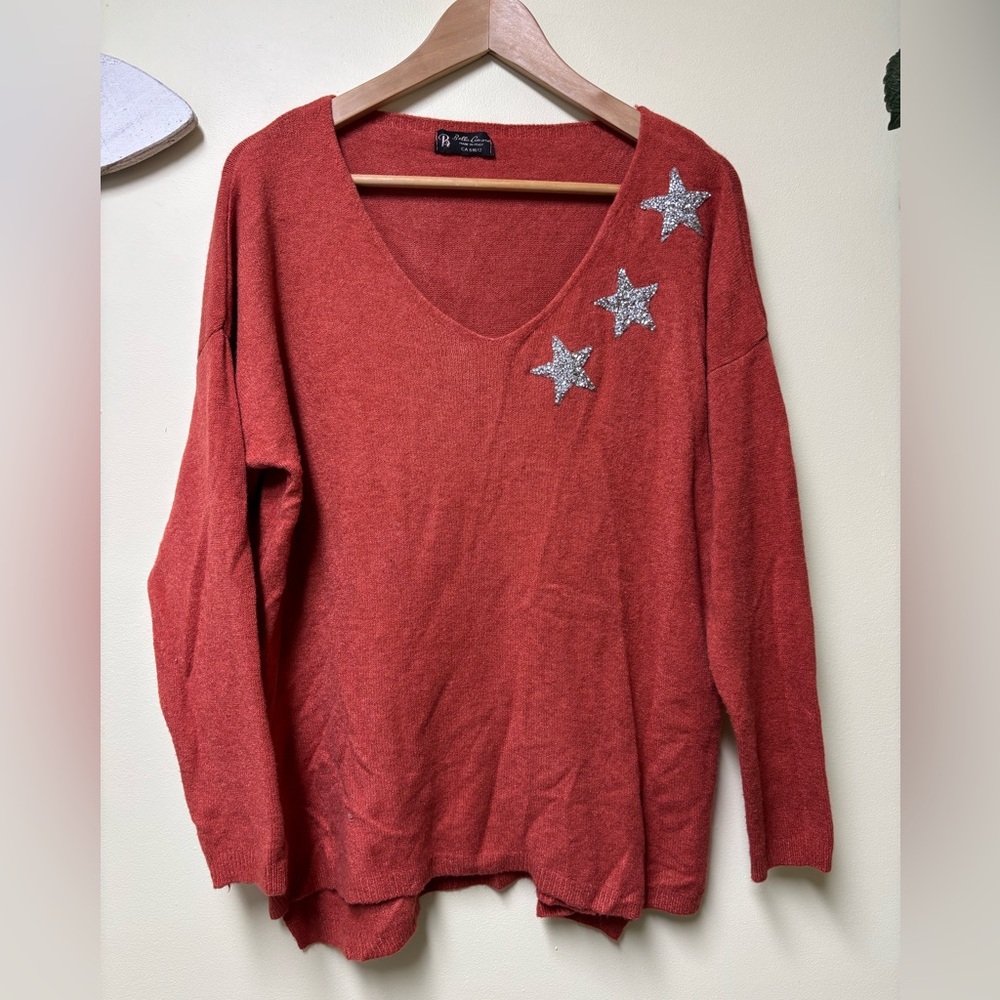 Bella Amore Made In Italy Orange Sweater with Silver Sequin Stars Size Large